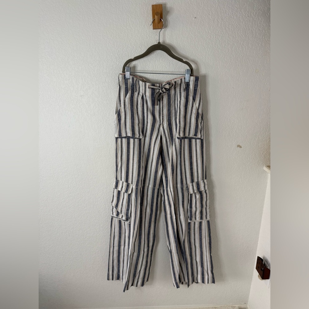 Pilcro Blue and White linen Striped Cargo Pants